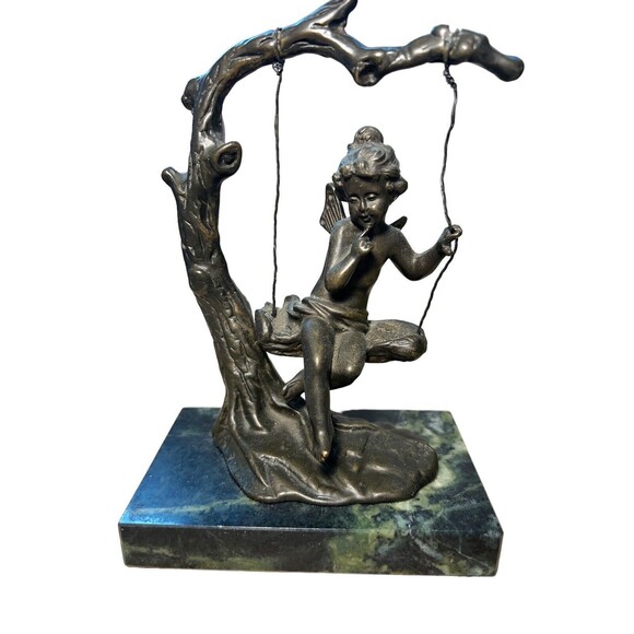 August Moreau Signed Bronze Statue Fairy on Swing with Marble Base